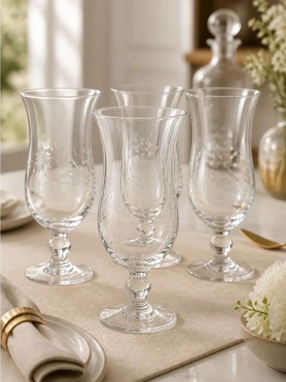 4 VINTAGE PRINCESS HOUSE HURRICANE GLASSES IN HERITAGE PATTERN LIKE NEW